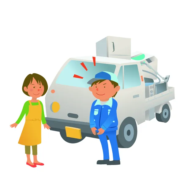 回収に伺うスタッフと家族のイラスト